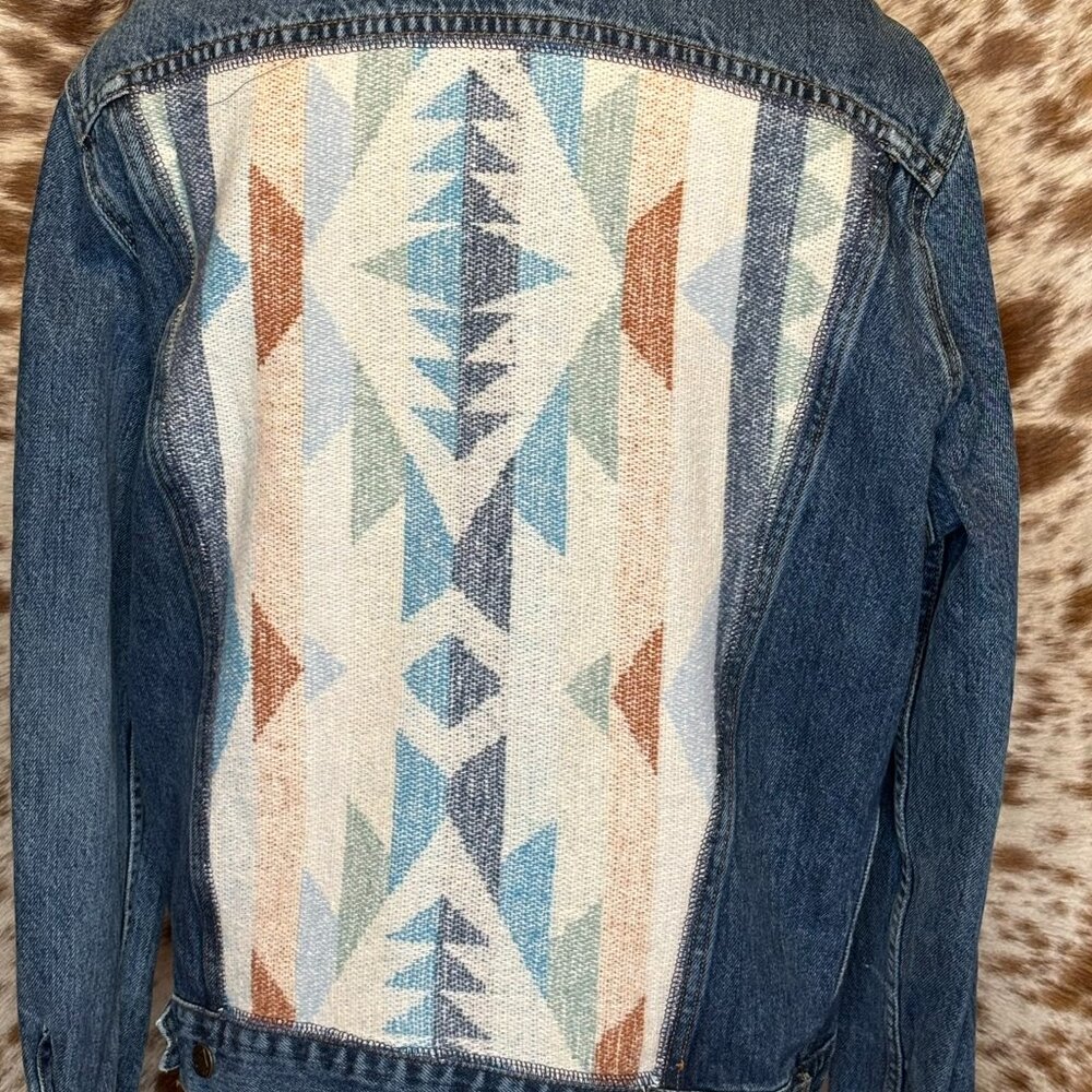 Vintage OOAK UpCycled Western Jean Jacket w/Soft pastel Navajo theme Wool- M